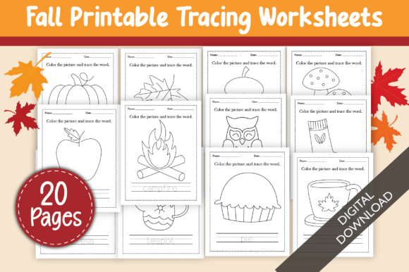 Download Fall Printable Tracing Worksheets Pack - Worksheets Collection